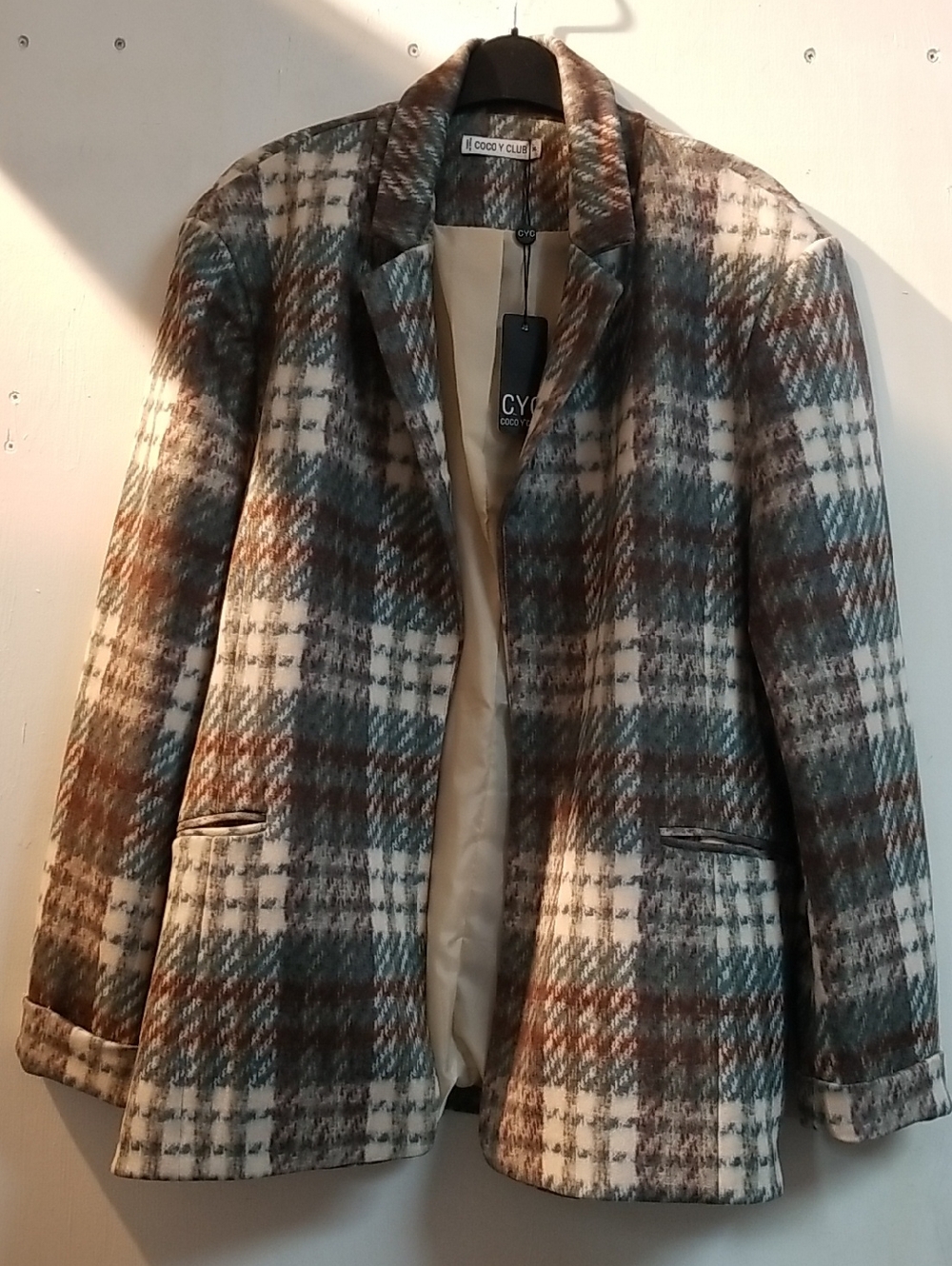 Women's Plaid Blazer in Cream, Brown & Gray